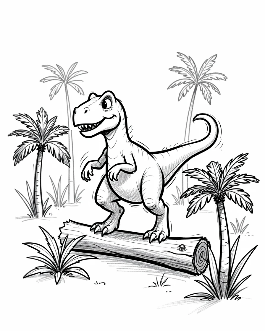 A dinosaur balancing on a log in a clearing full of cycad plants.