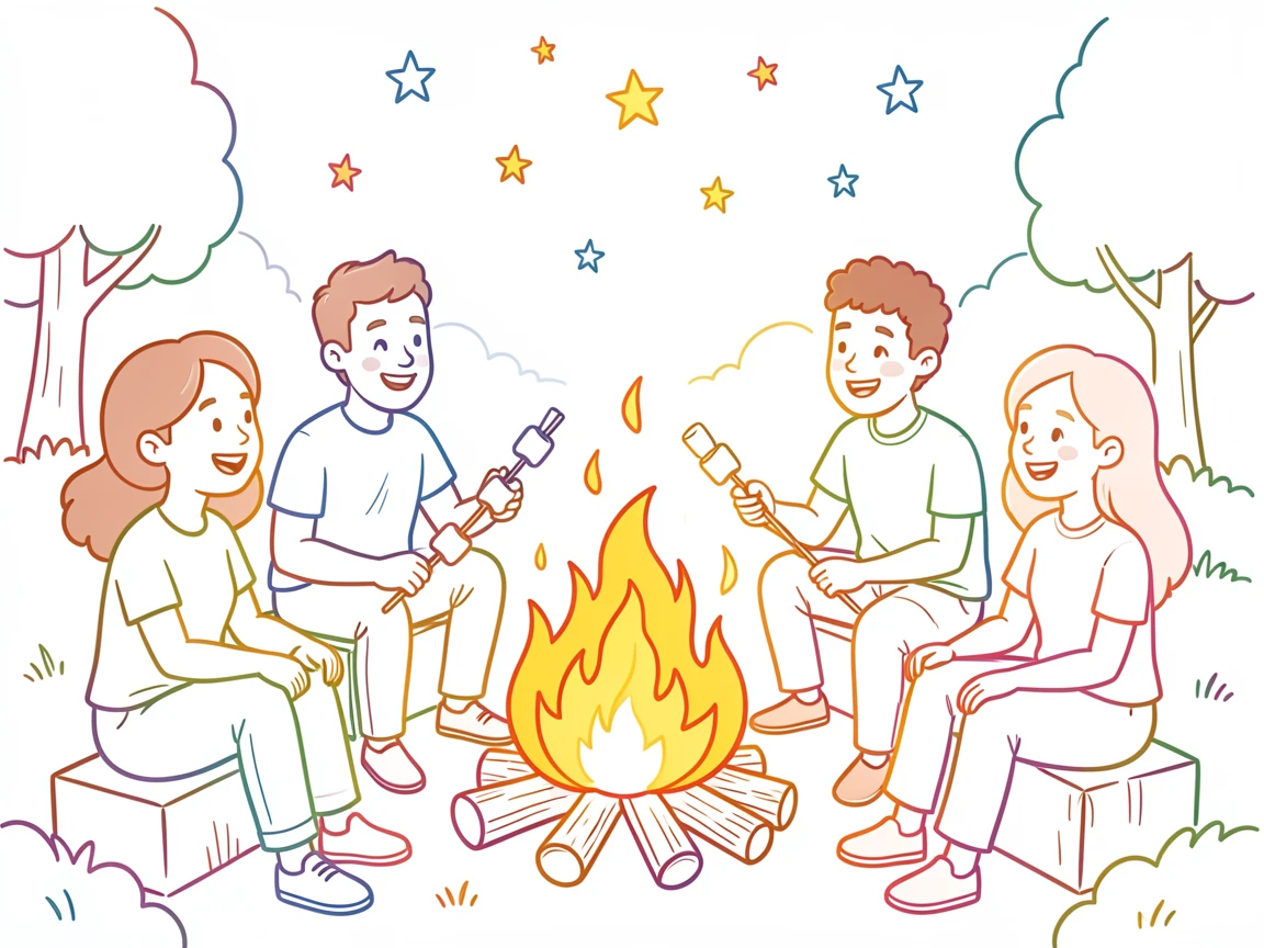 A bonfire surrounded by friends roasting marshmallows on a summer night.
