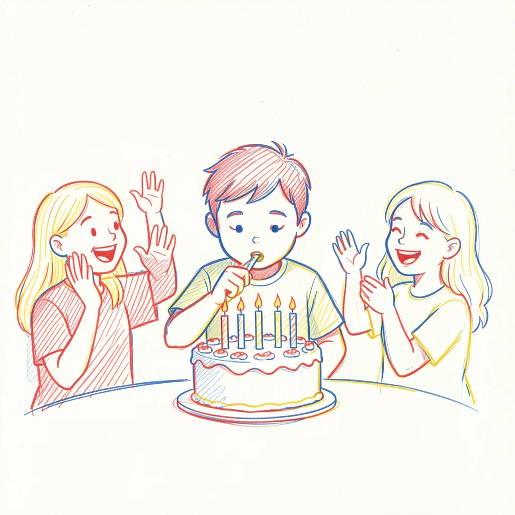 A little boy blowing out candles on his birthday cake, family cheering