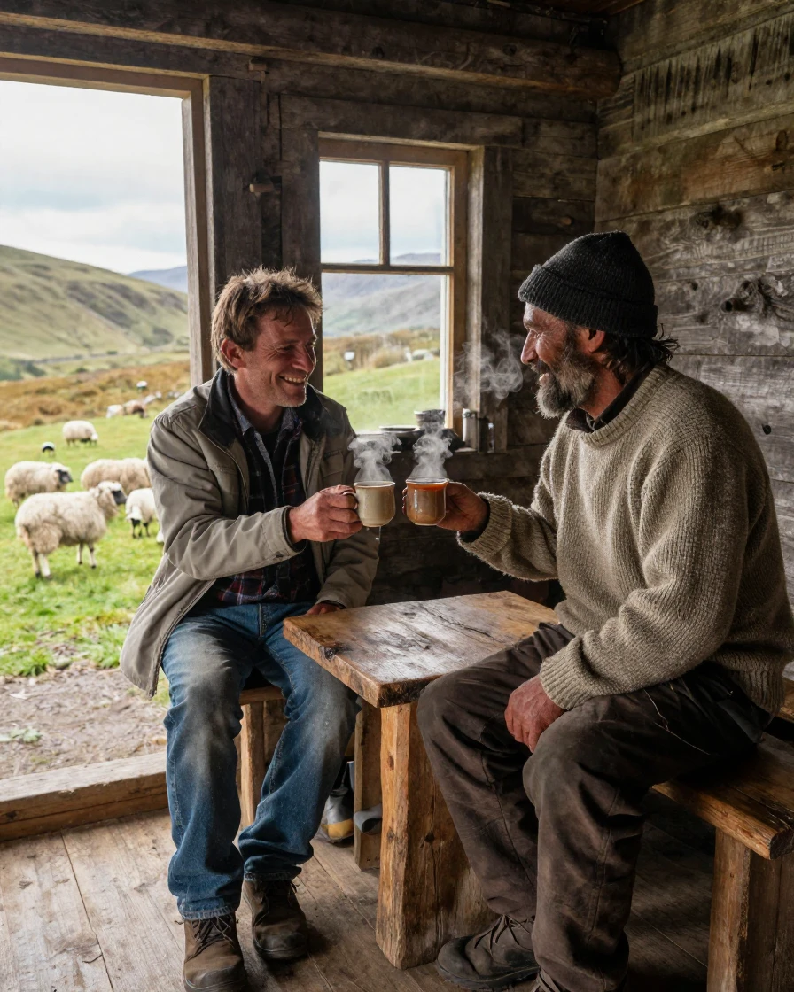 A traveler shares tea with a shepherd in a remote highland hut as sheep graze outside.