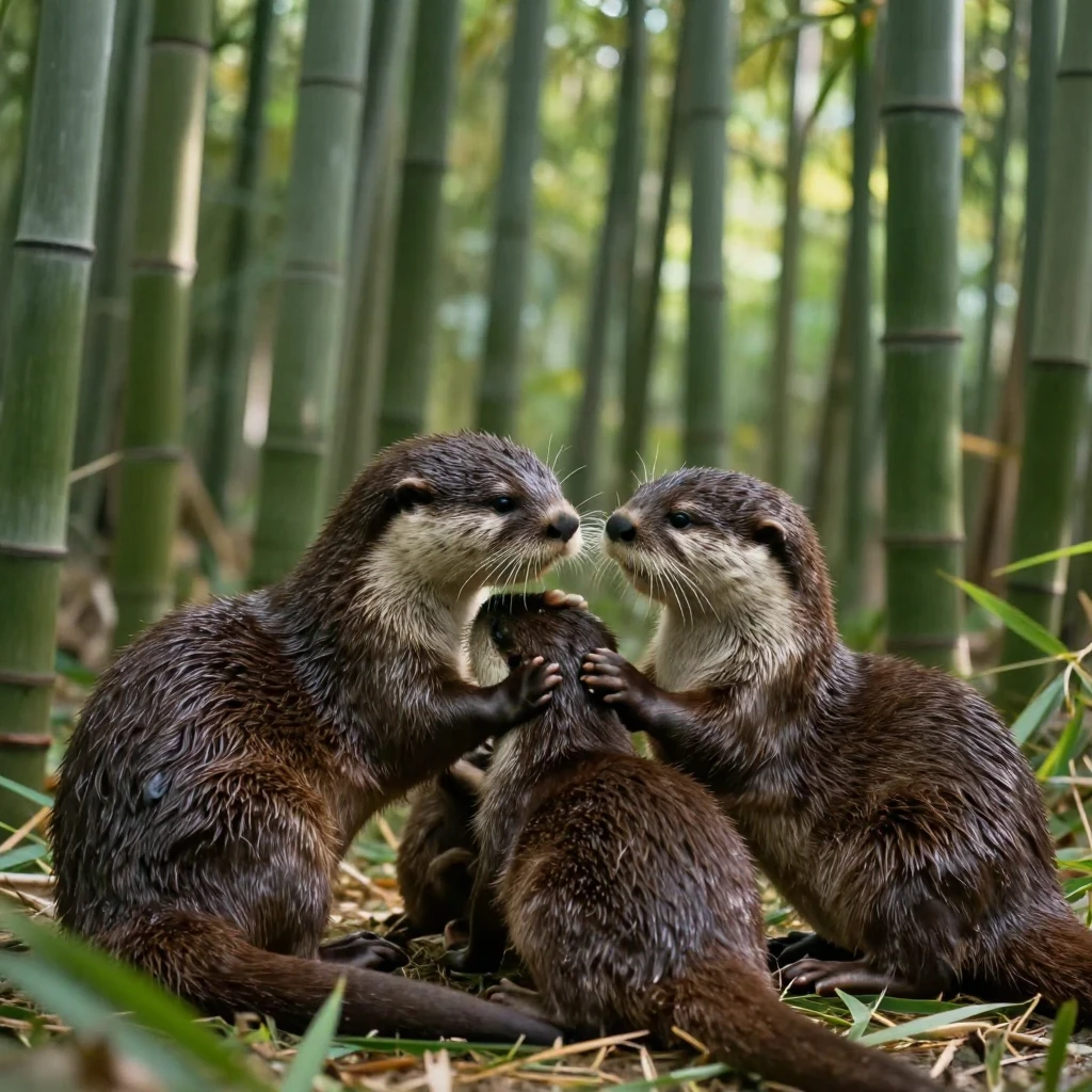 A family of otters grooming one another with great care in a quiet bamboo grove