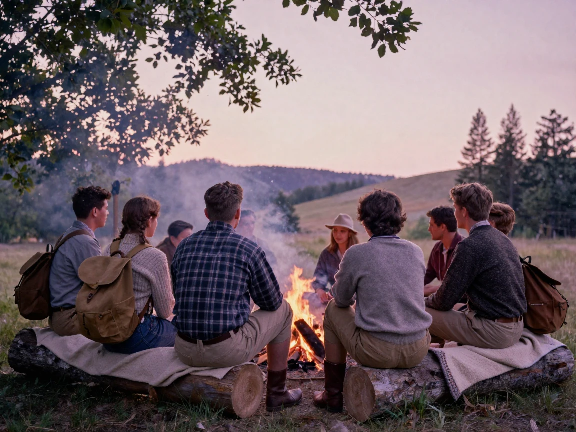 A group of campers gathered around a fire telling stories, in dappled light filtering through leaves, amid gently falling snow, in the height of summer, in dusty lavender and rose tones, from behind, looking toward the horizon.