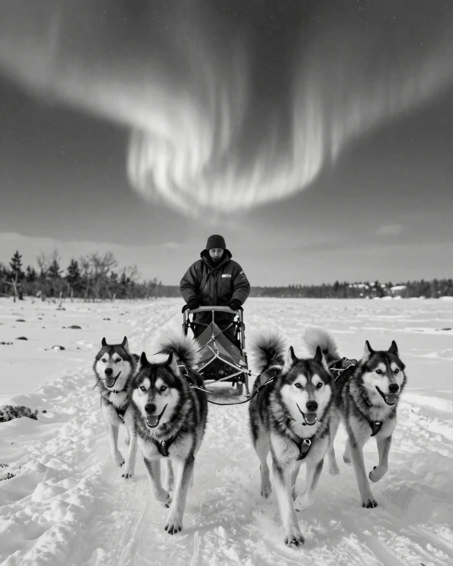 A dog sled team races across a frozen expanse beneath the northern lights.