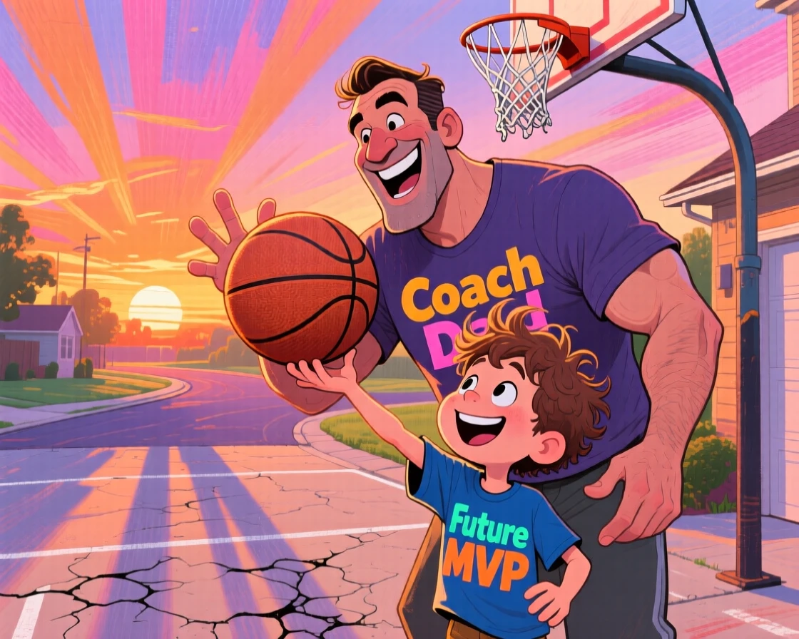 A father teaching his son to shoot hoops in the driveway at sunset.