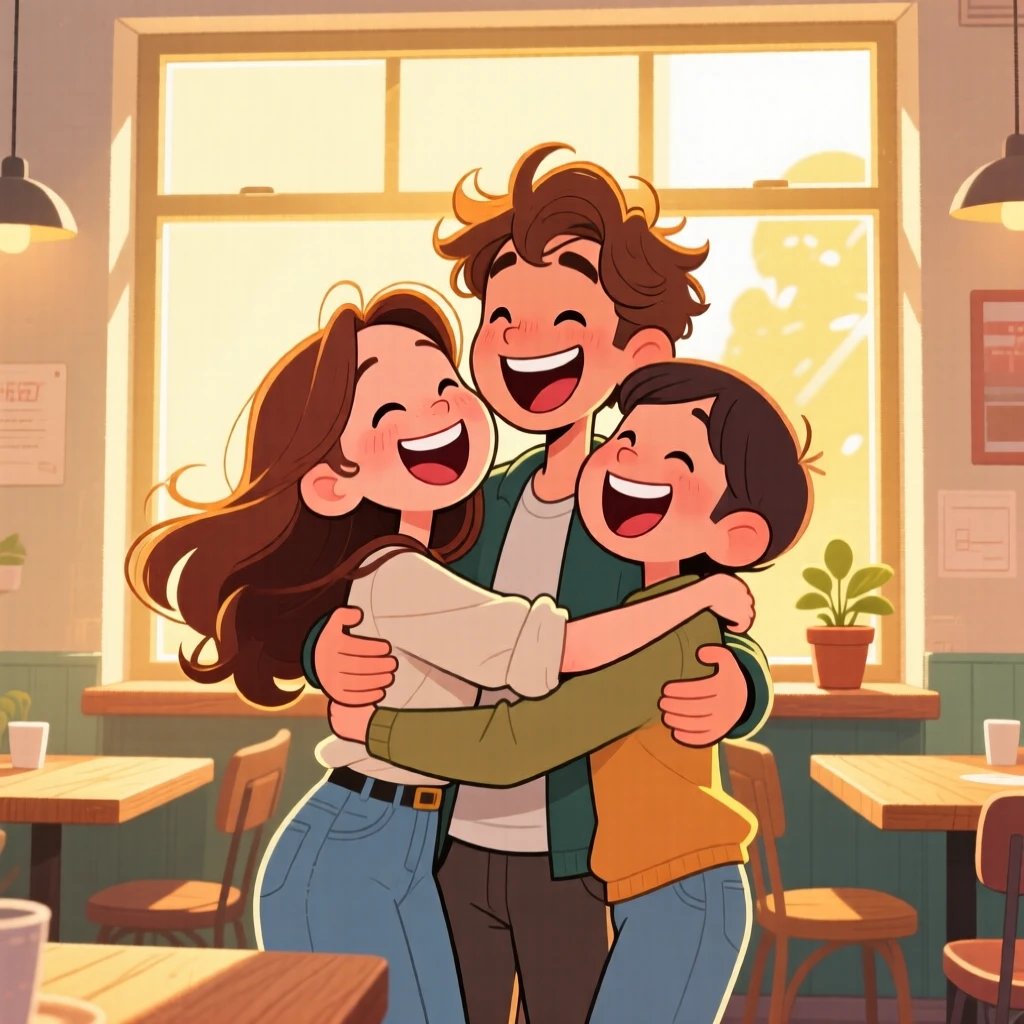 A heartwarming scene of a couple on their first date sharing a huge group hug and laughing together, as golden sunlight streams through the window.