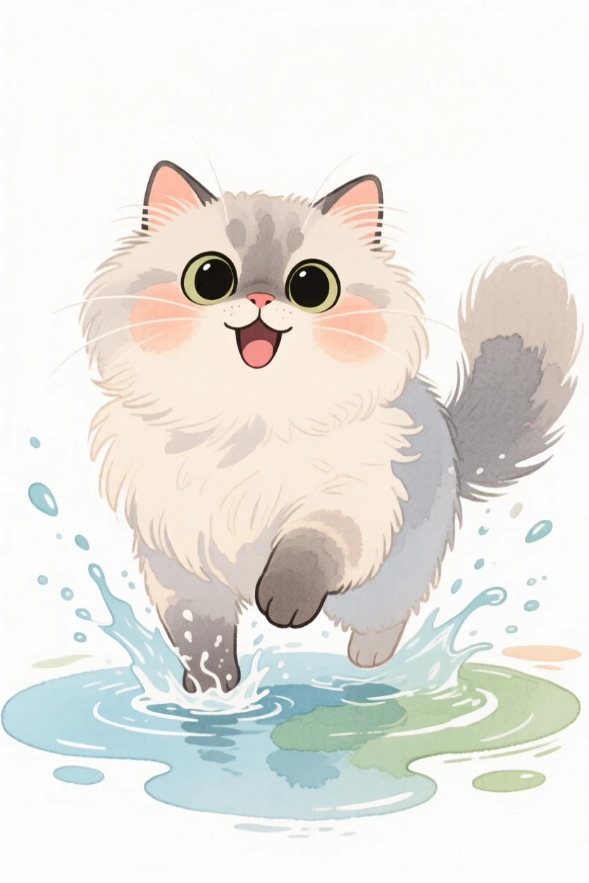 A persian cat splashing happily in a puddle