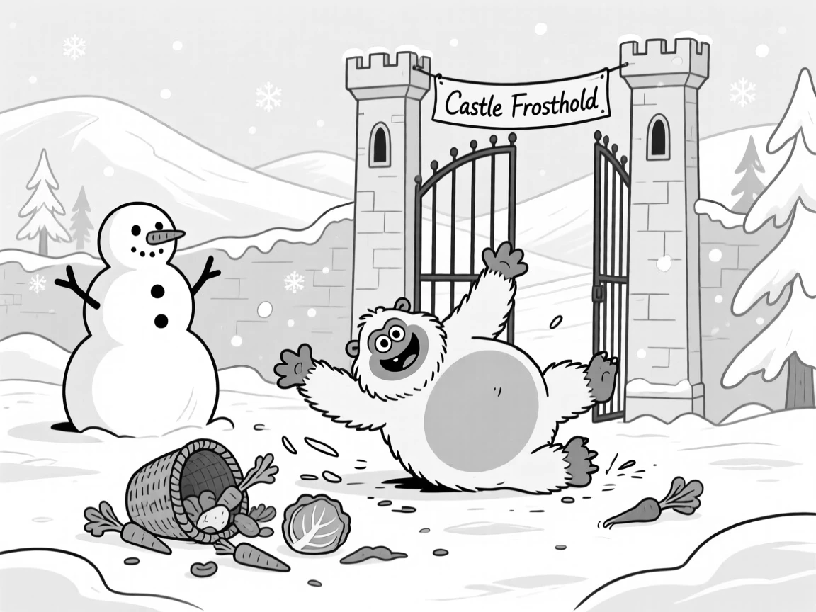 A cheerful yeti building a snowman twice its size, faceplanting dramatically in front of the castle gate, set in a frostbitten arctic valley. A basket lies overturned, vegetables scattered everywhere. The image invites you to imagine the tale behind the mishap.