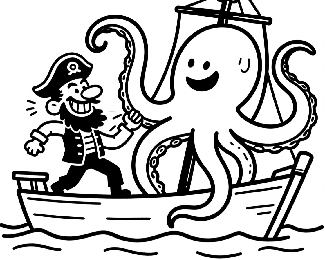 A sea captain battling a giant friendly kraken with tentacles wrapped playfully around the ship.
