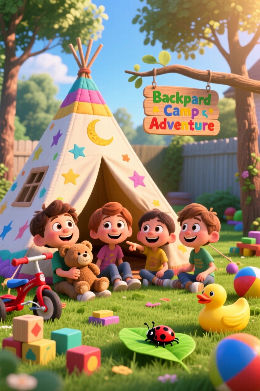 A group of friends camping in a backyard tent takes place in a sunny backyard scattered with toys, with a stuffed animal tucked under one arm. The scene bursts with childhood wonder and delight.
