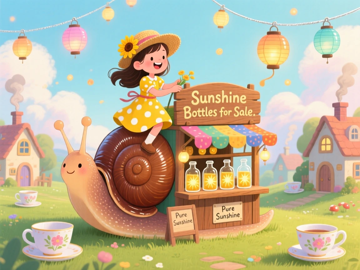 A girl riding a giant snail is keeping a shop that sells bottled sunshine in a world where teacups are houses, while little lanterns bob gently in the wind.