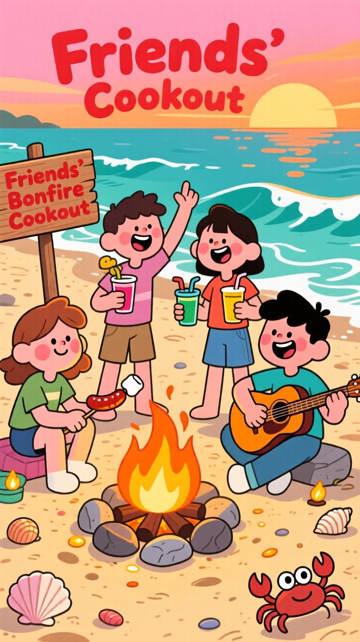 A group of friends having a bonfire cookout on the beach.