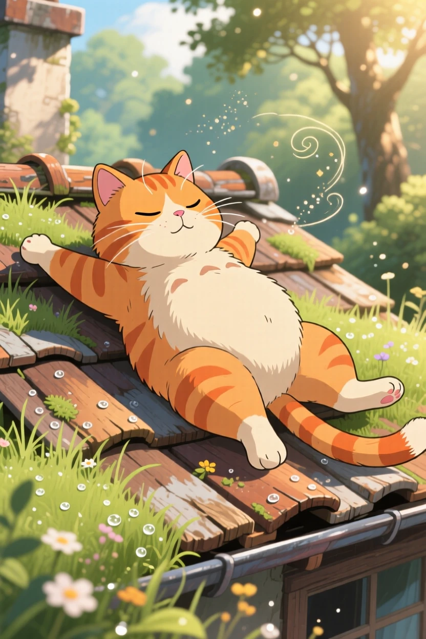 A fat orange tabby stretching on a warm rooftop, with morning dew glistening on the grass nearby, radiating pure charm.