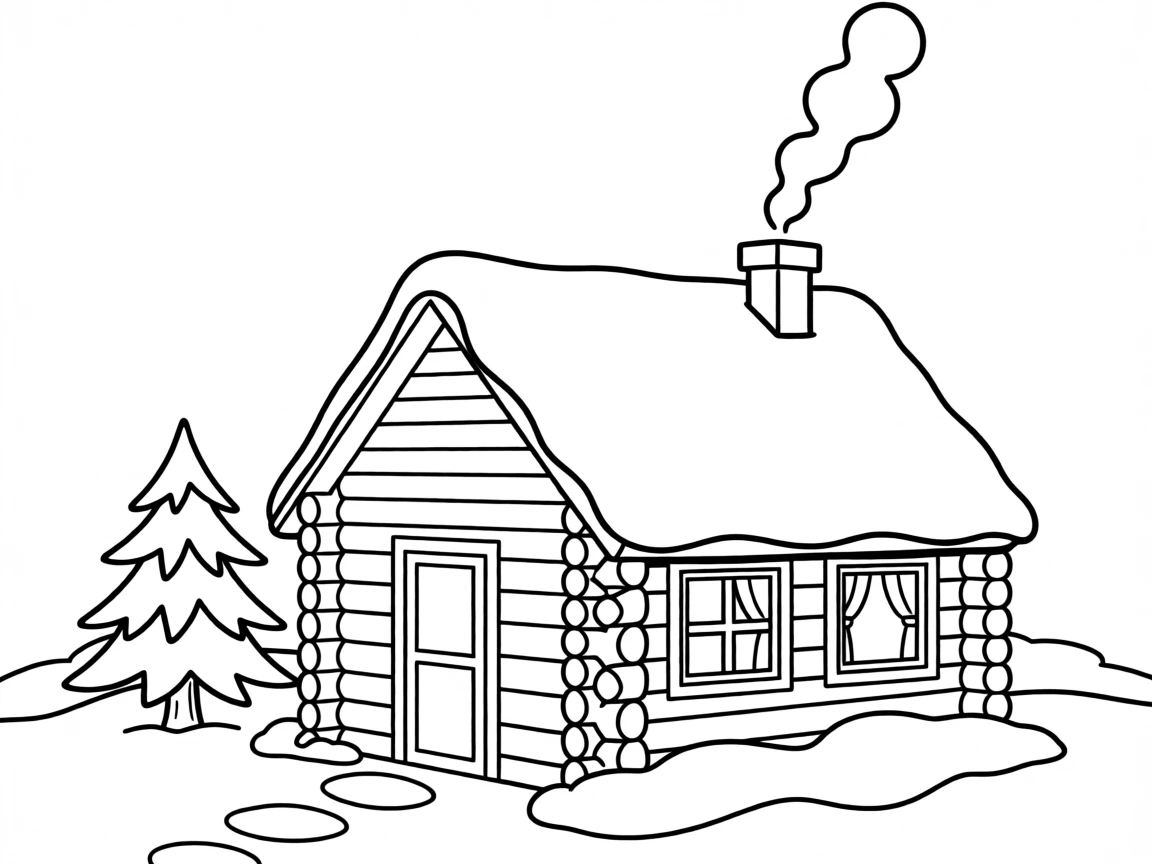 A winter cabin with smoke rising from the chimney in the snow