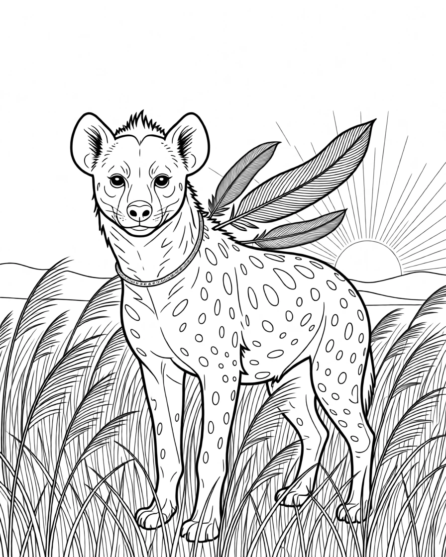A hyena standing in tall golden grass at dawn, with dramatic feather detail catching the wind.