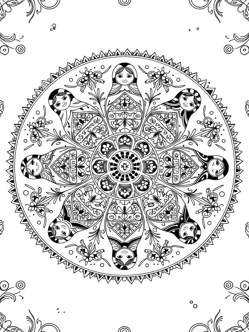 A mandala of nested Russian nesting doll shapes radiating outward.