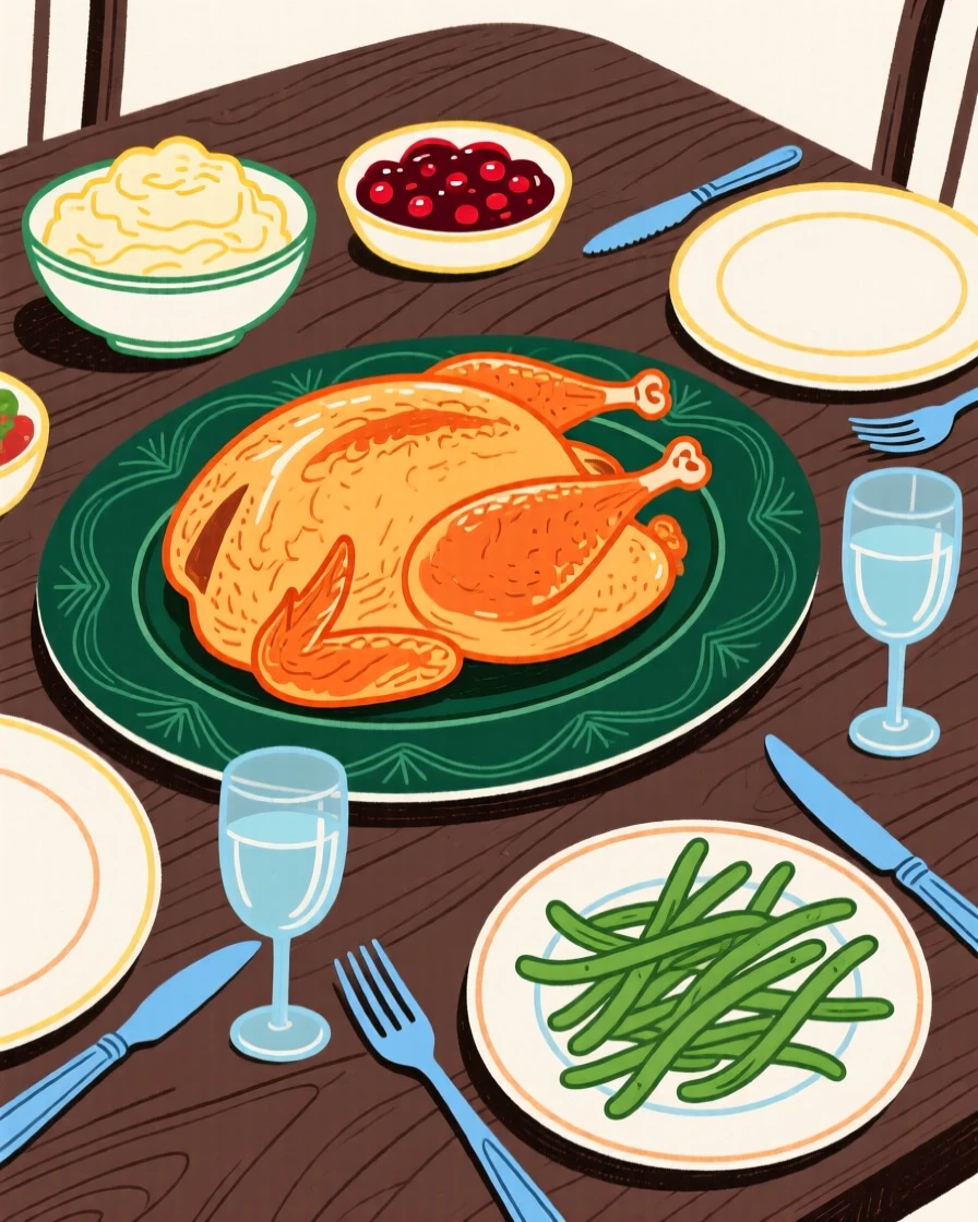 A holiday table set with roast turkey and side dishes.