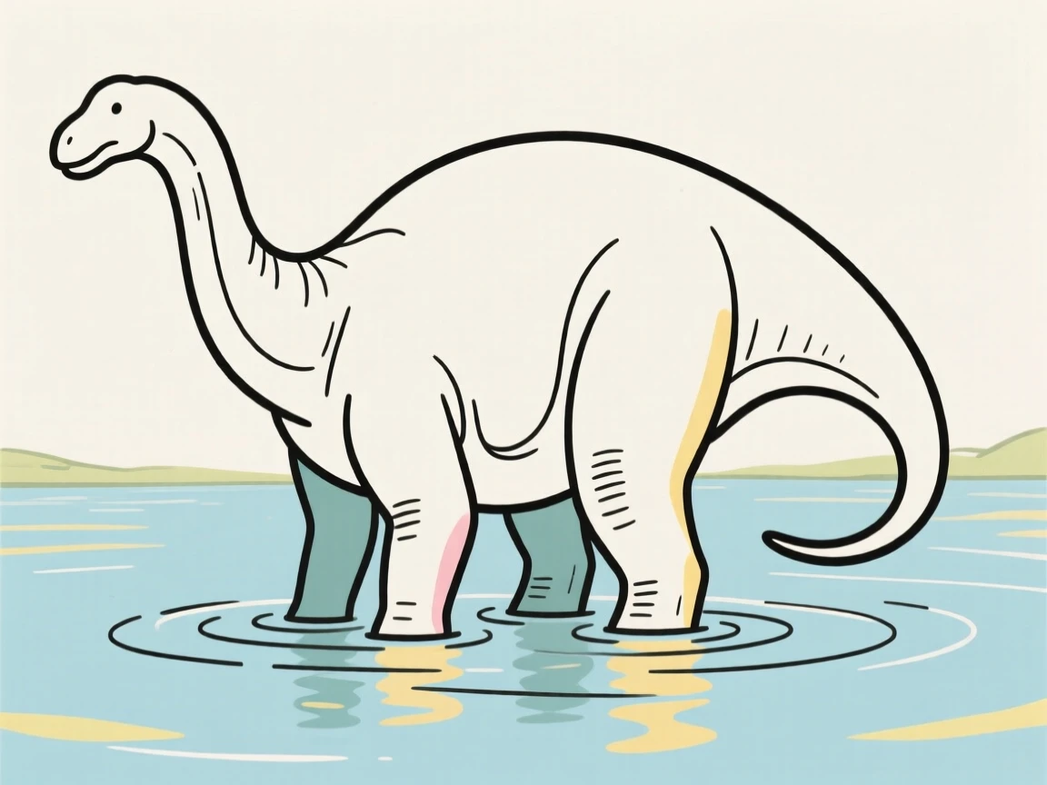 A Brontosaurus standing knee-deep in a calm prehistoric lake.