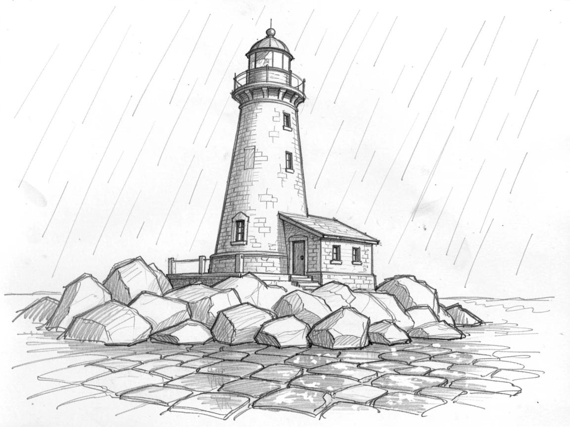 An old lighthouse on a rocky point during a quiet rain shower, with cobblestones glistening after rain.
