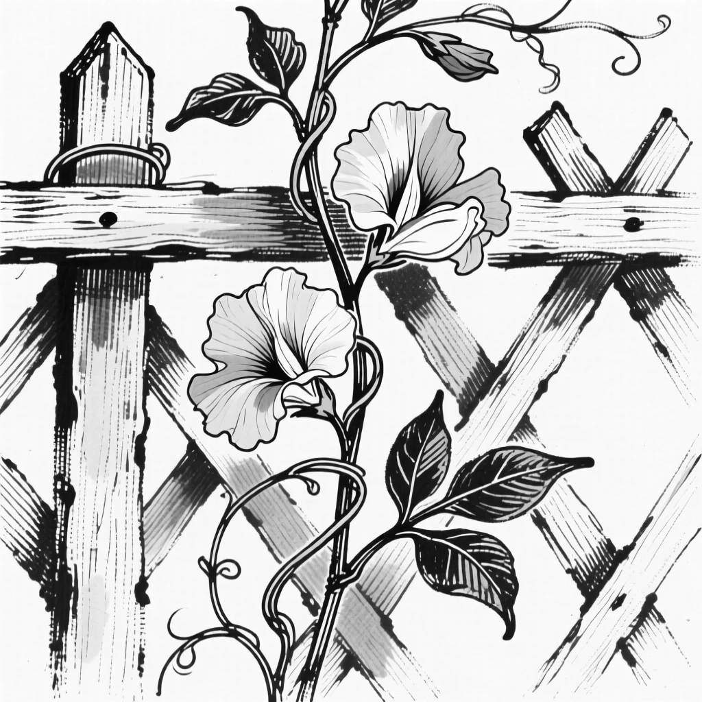 A single sweet pea vine climbing a garden trellis in soft pastel colors.