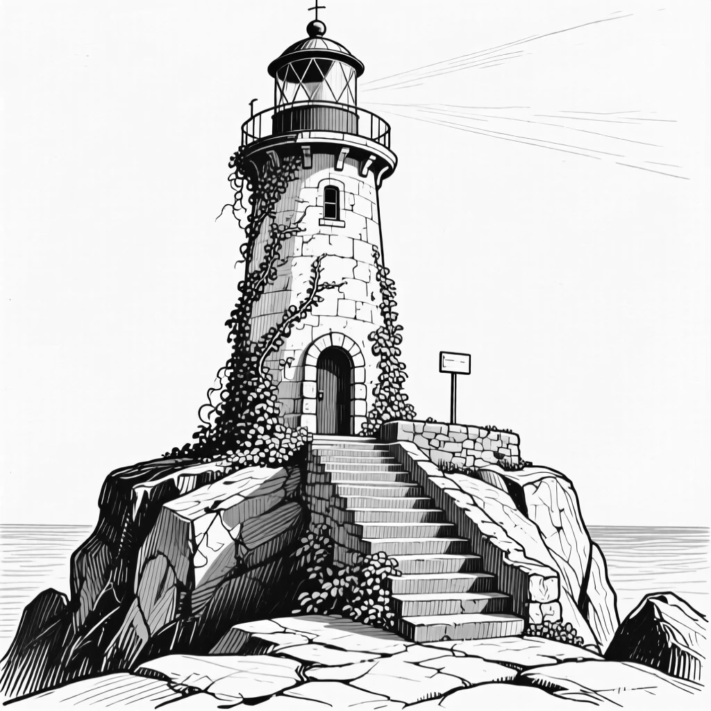 An old lighthouse on a rocky point with ivy climbing its weathered walls, featuring worn stone steps polished by centuries of footsteps, rendered in a quietly charming architectural composition.