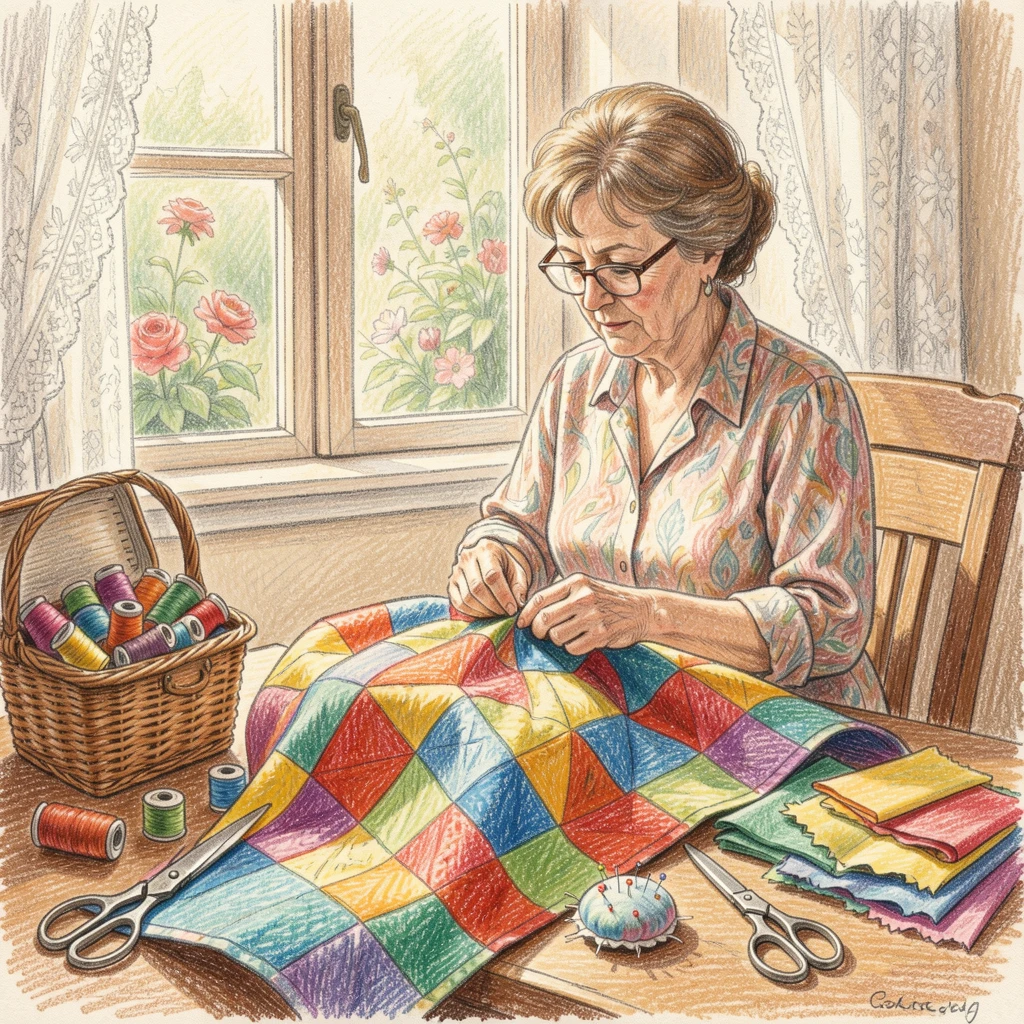 A quilter piecing together a colorful patchwork by the window, surrounded by tools and materials that tell their own story, capturing the beauty of everyday dedication and skill.