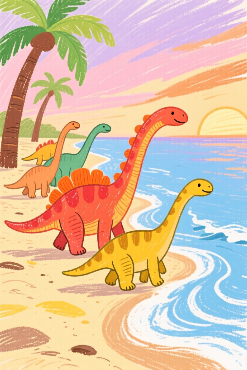 A Parasaurolophus herd walking along a beach at the dawn of time.