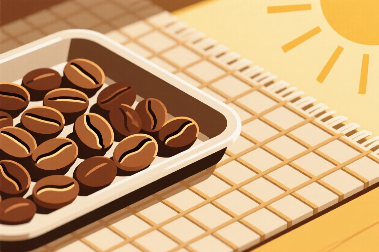 A close-up of tray of roasted coffee beans arranged beside a woven placemat in a sunny farmhouse kitchen, full of fresh vibrance.