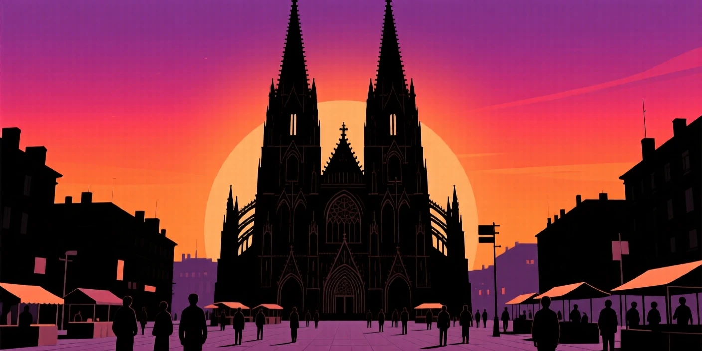 The twin spires of a grand Gothic cathedral rising above a city square.