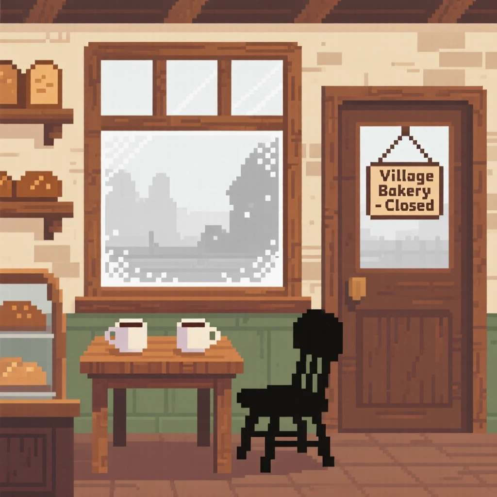 A small reading nook arranged with teacups and a fogged-up window, in a village bakery before opening hours.