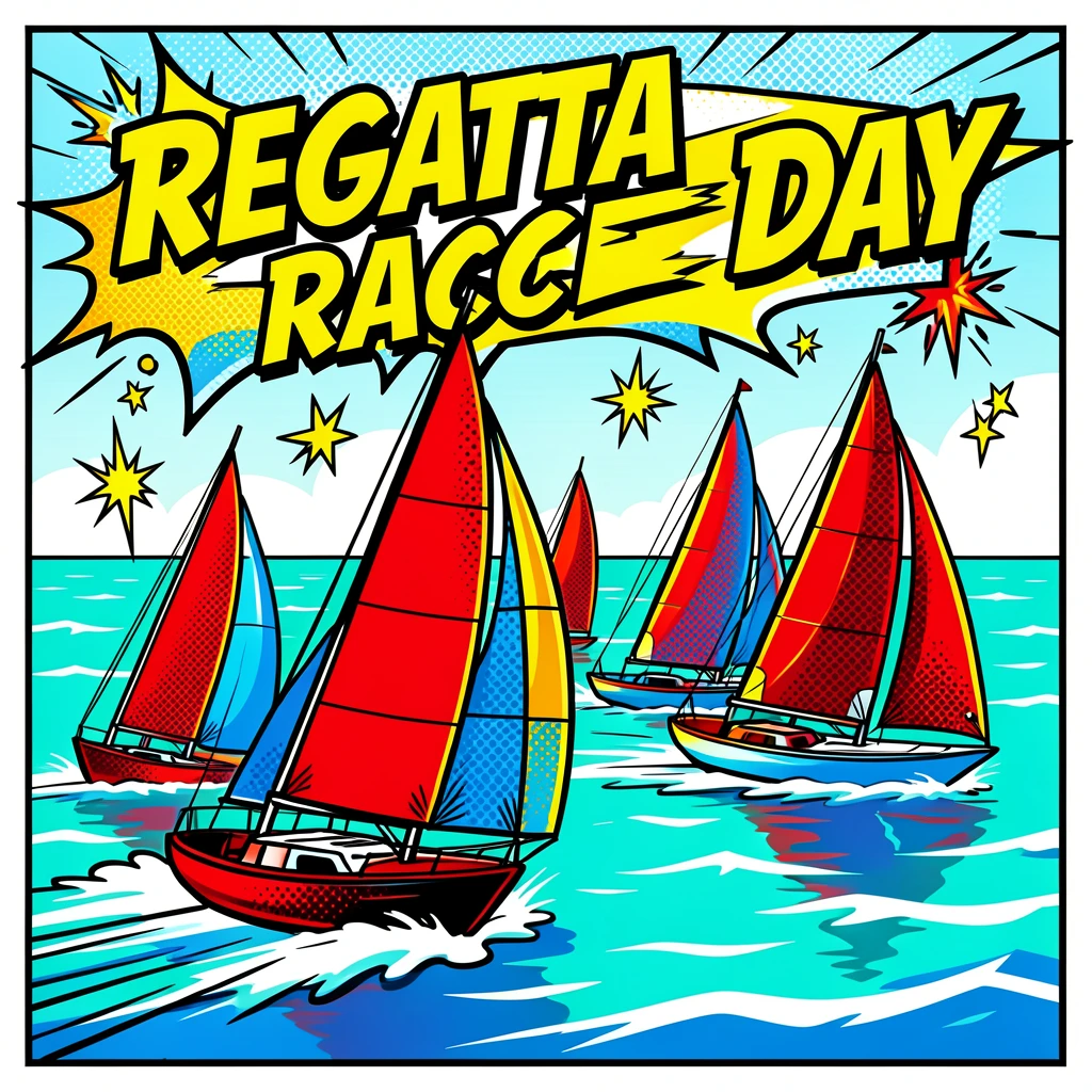 A sailboat regatta racing across a sparkling bay