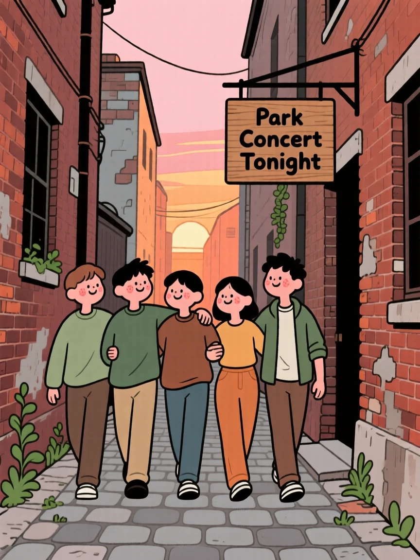 A group of friends link arms and walk down a narrow alley lined with old brick buildings, heading toward an evening concert in the park.