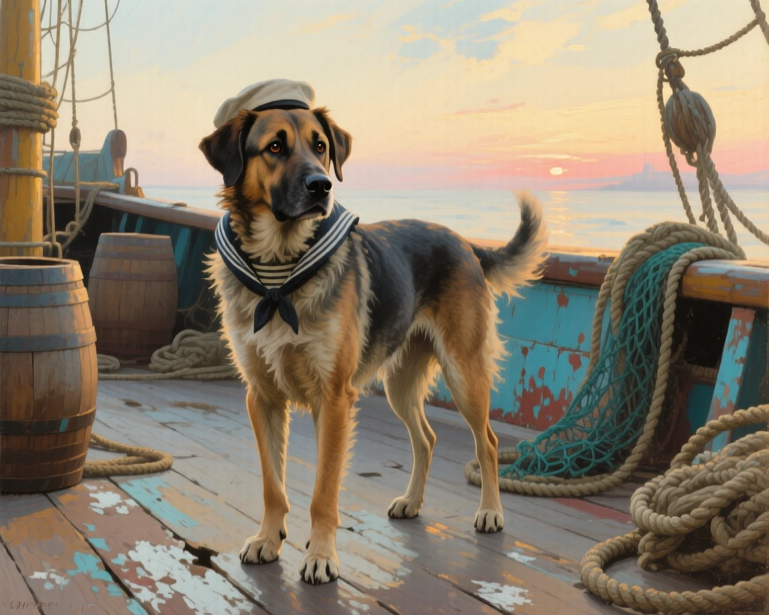 An intimate close-up of a sailor's dog standing watch on the deck of a fishing boat, in late spring, just after sunrise.