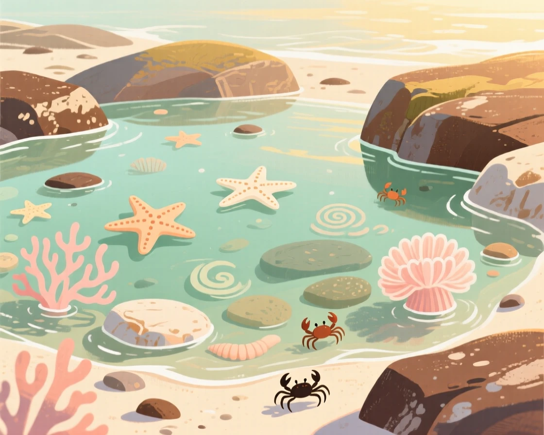 A study of tide pools revealing starfish, anemones, and small crabs