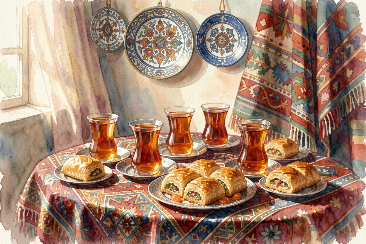 A Turkish tea gathering with ornate glasses and pastries surrounded by vibrant traditional decorations.