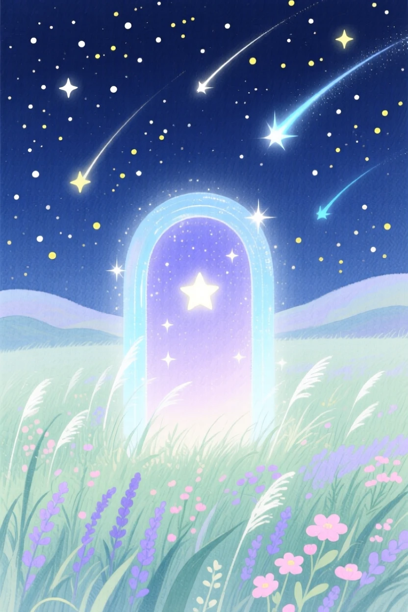 A dreamlike scene of a starlit portal meadow, beneath a sky filled with shooting stars, inviting quiet wonder and imagination