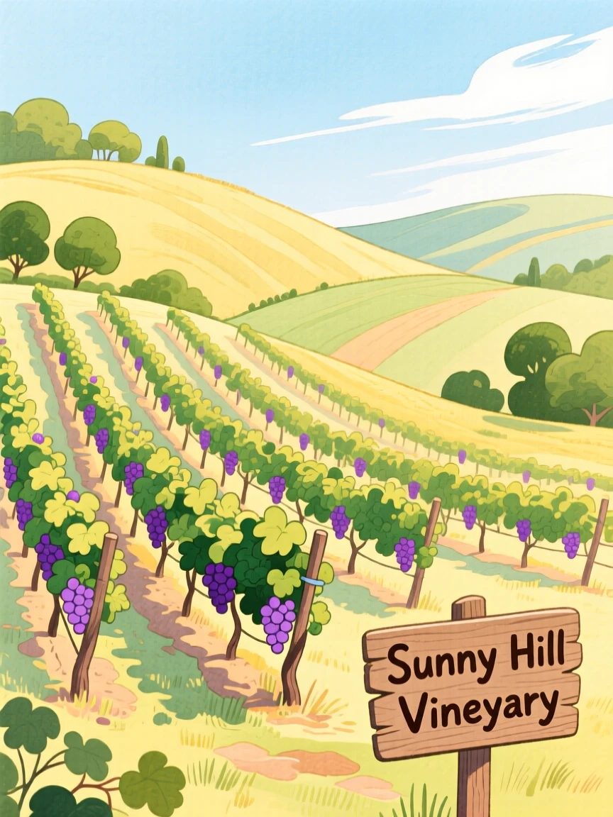 A picturesque view of a hillside vineyard with rows of ripening grapes.