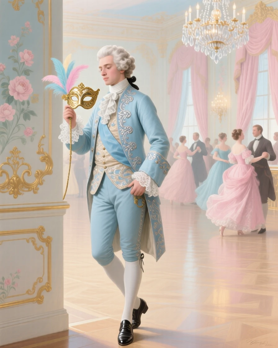 A young nobleman holding a mask at the edge of a ballroom  