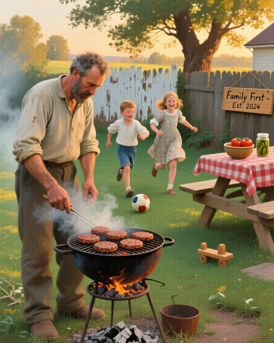 A father grilling burgers in the backyard while kids play nearby, as the golden light of late afternoon fills the space, designed to remind viewers of their own cherished family memories