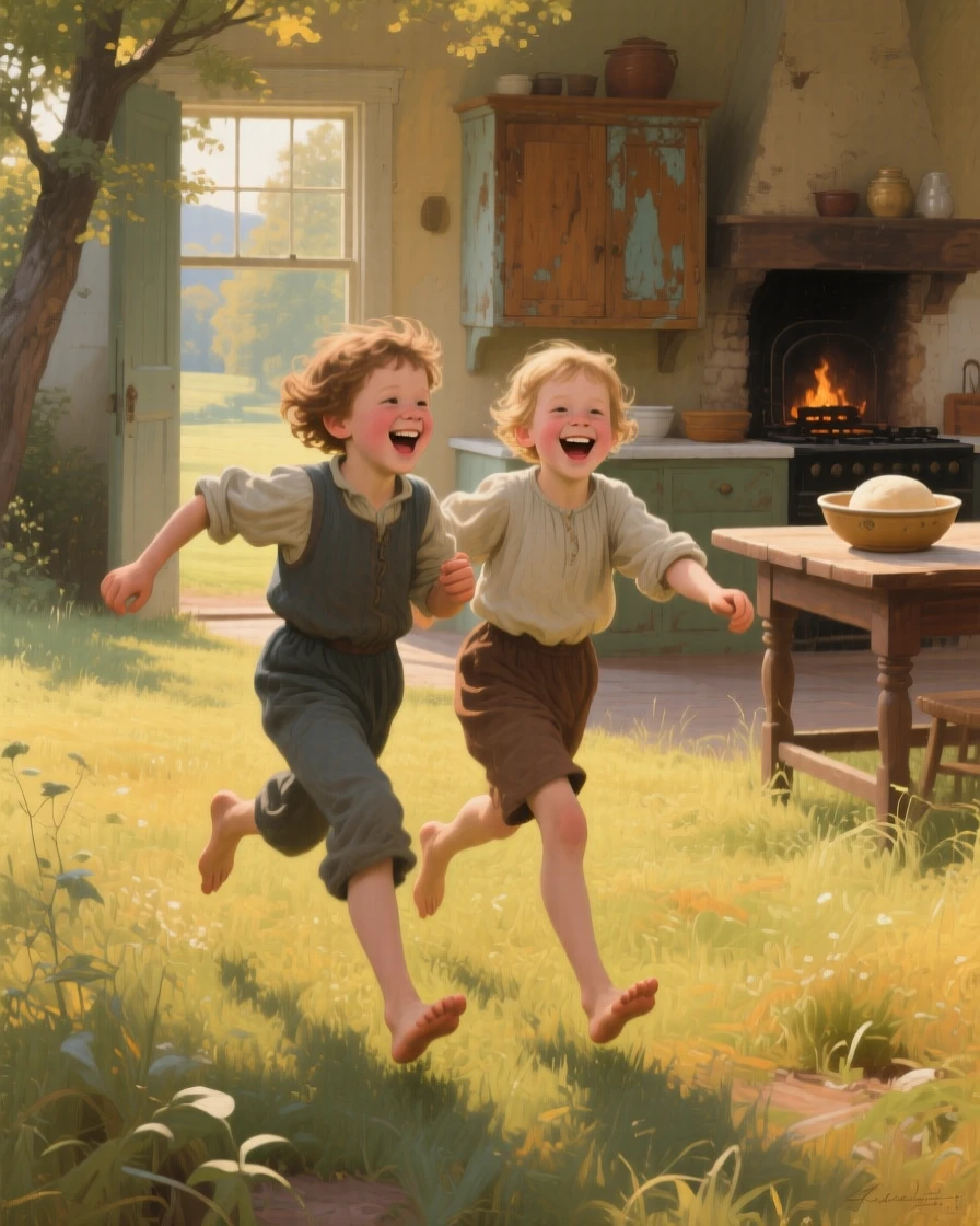 Childhood friends racing barefoot across a sunlit meadow as laughter and love fill an otherwise ordinary afternoon, set within a warmly lit kitchen filled with the smell of baking, with worn, familiar surroundings that speak of years shared together; the arrangement of figures suggests closeness without crowding, capturing a fleeting moment worth holding onto forever.