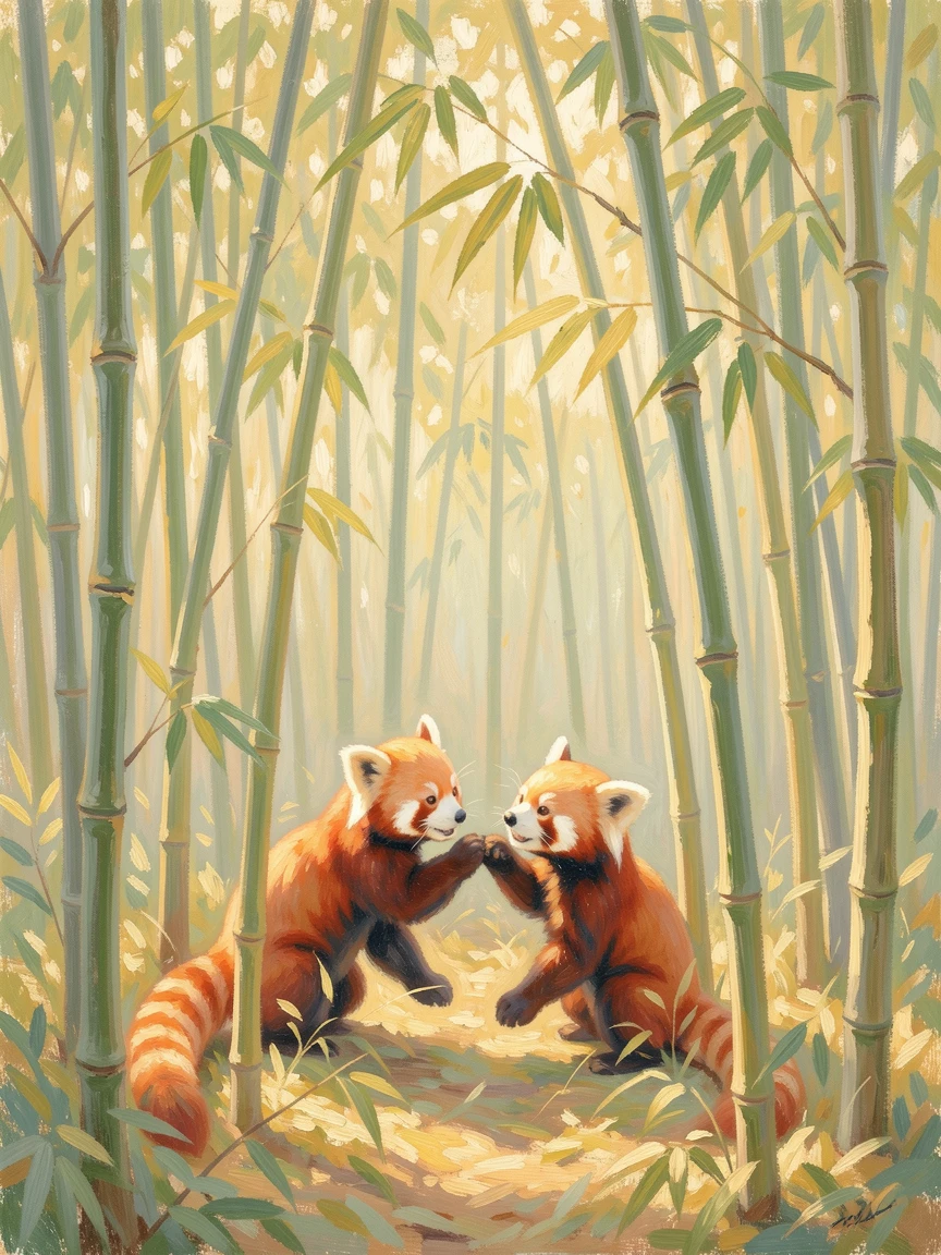 A pair of red pandas playing among the branches of a bamboo forest.