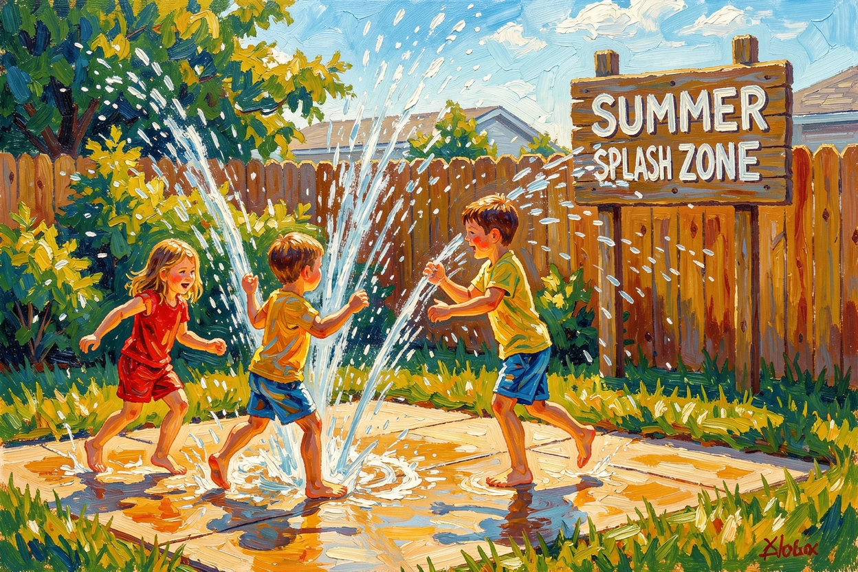 Children splashing through sprinklers on a hot summer afternoon in a suburban yard.