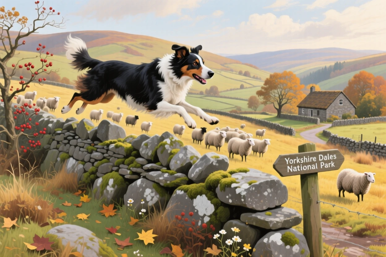 A working sheepdog leaps over a stone wall in the Yorkshire Dales, muscles taut mid-motion as it races to redirect a scattered flock, the surrounding habitat rendered in enough detail to suggest a specific time and place.