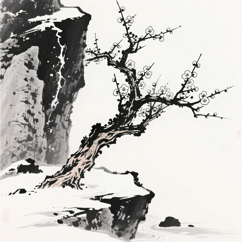 An old plum tree grows from a crack in a rocky cliff, blooming despite the cold, as the last snow of the season melts around its roots.