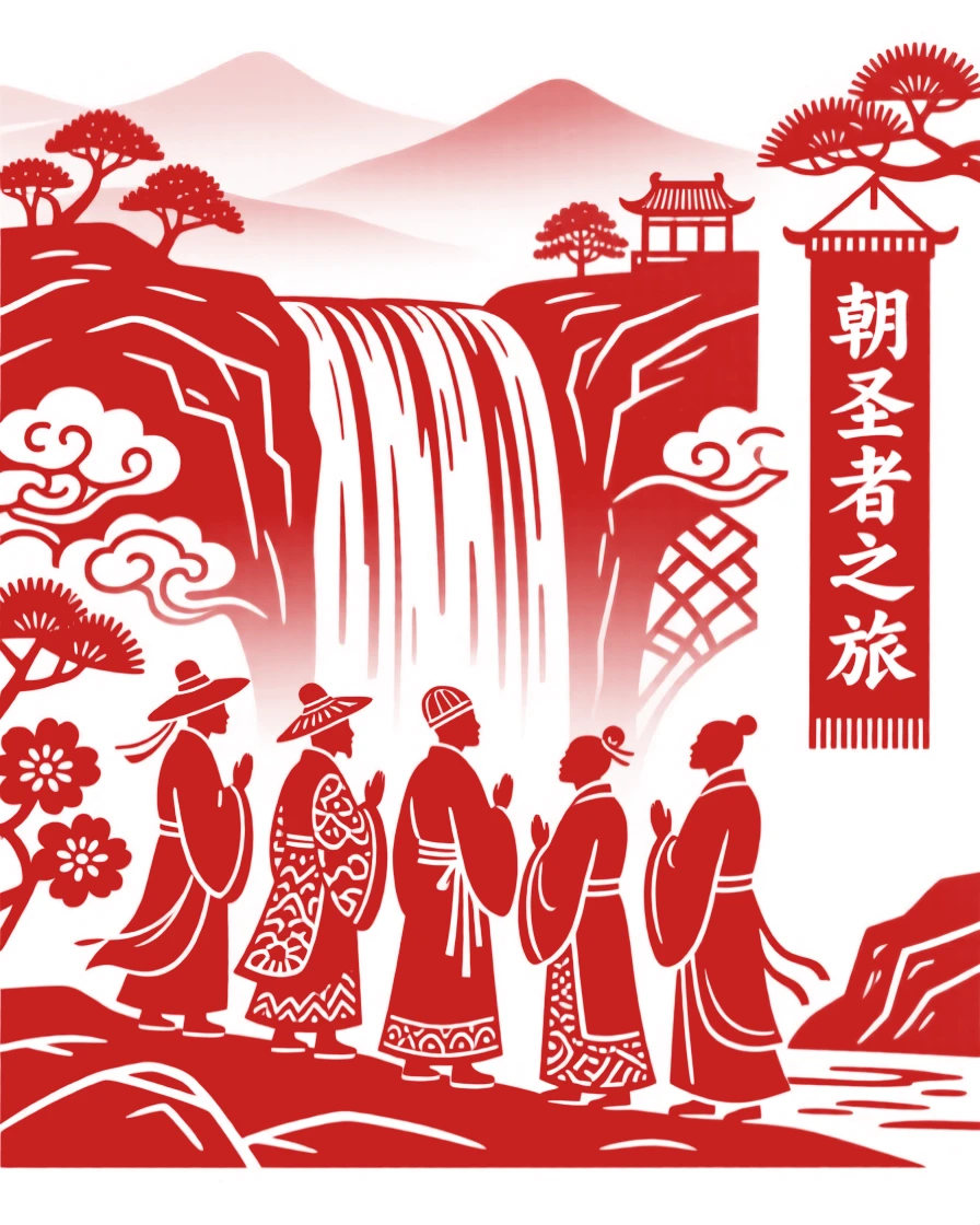 A composition of a group of pilgrims beside a cascading waterfall, distant peaks fading into layers of mist.