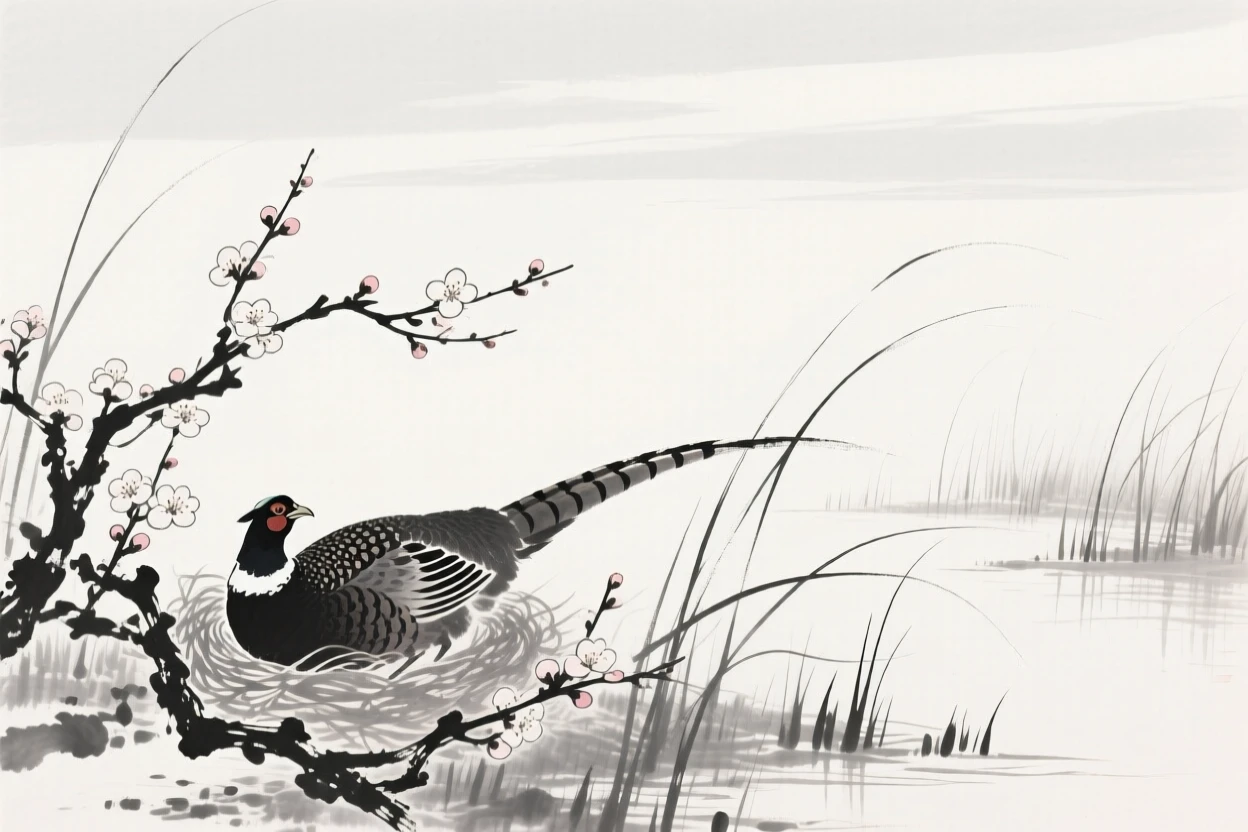 A pheasant nesting among blossoming branches along the edge of a reed-lined marsh, framed against a wide expanse of open sky, carrying a quiet, poetic stillness.