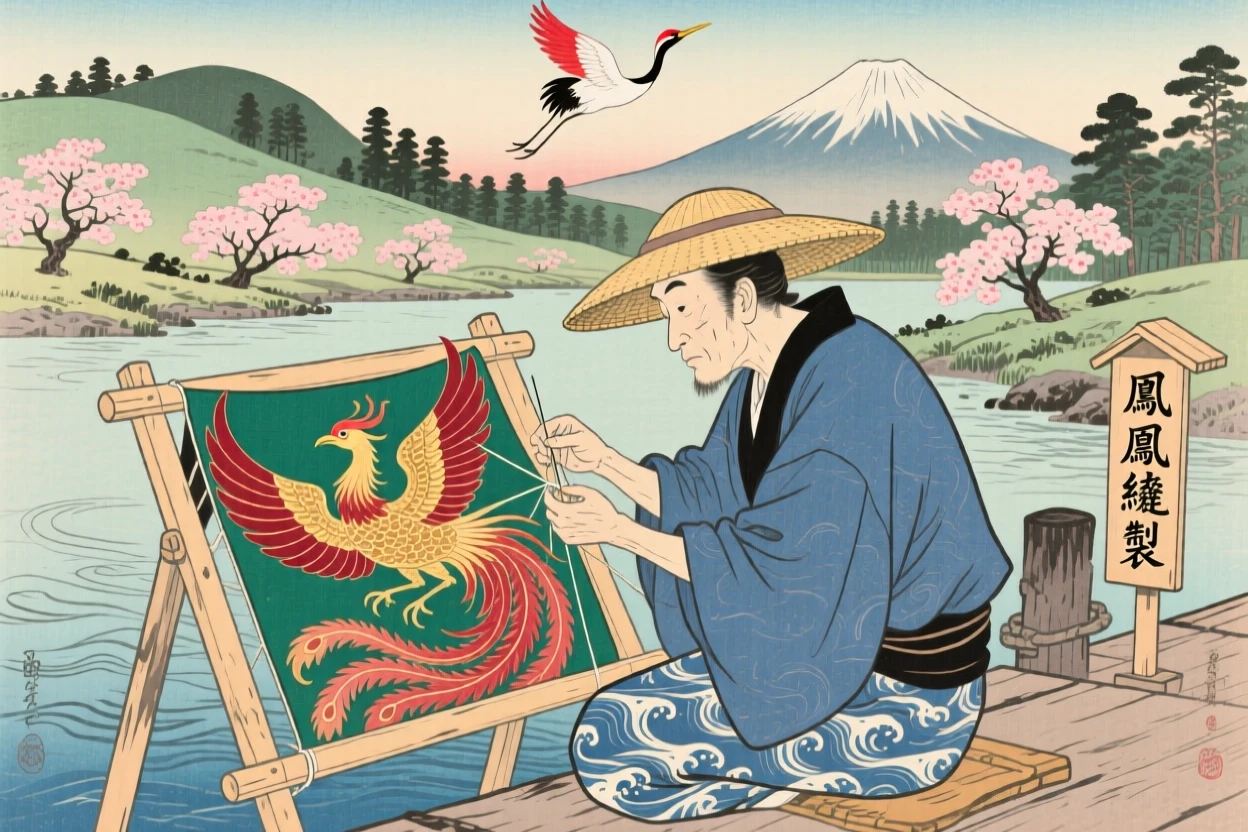 A fisherman stitching a phoenix design onto silk.
