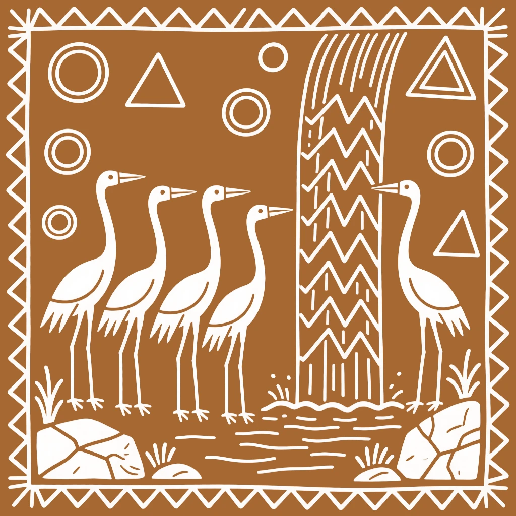 A flock of migrating cranes gathered near a waterfall.