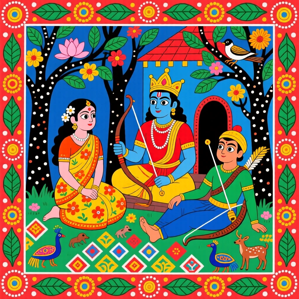 Rama, Sita, and Lakshmana resting beside a forest hermitage.