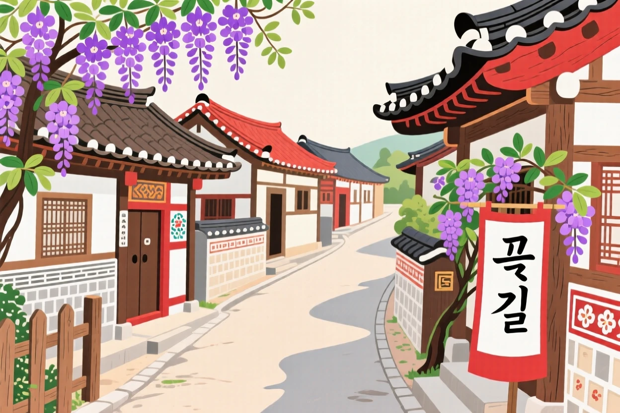 A view of a row of traditional tiled-roof houses along a narrow street, surrounded by blooming wisteria.
