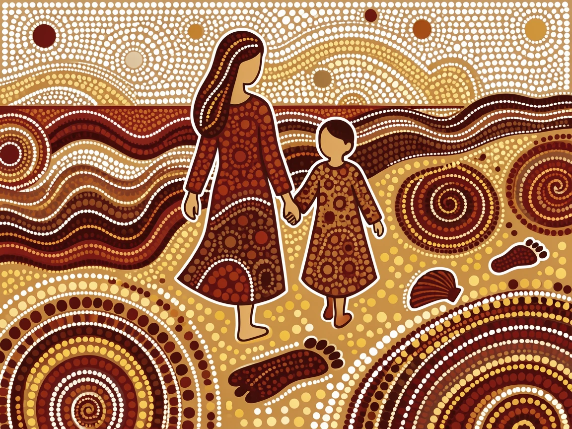 A mother and child walking along a beach